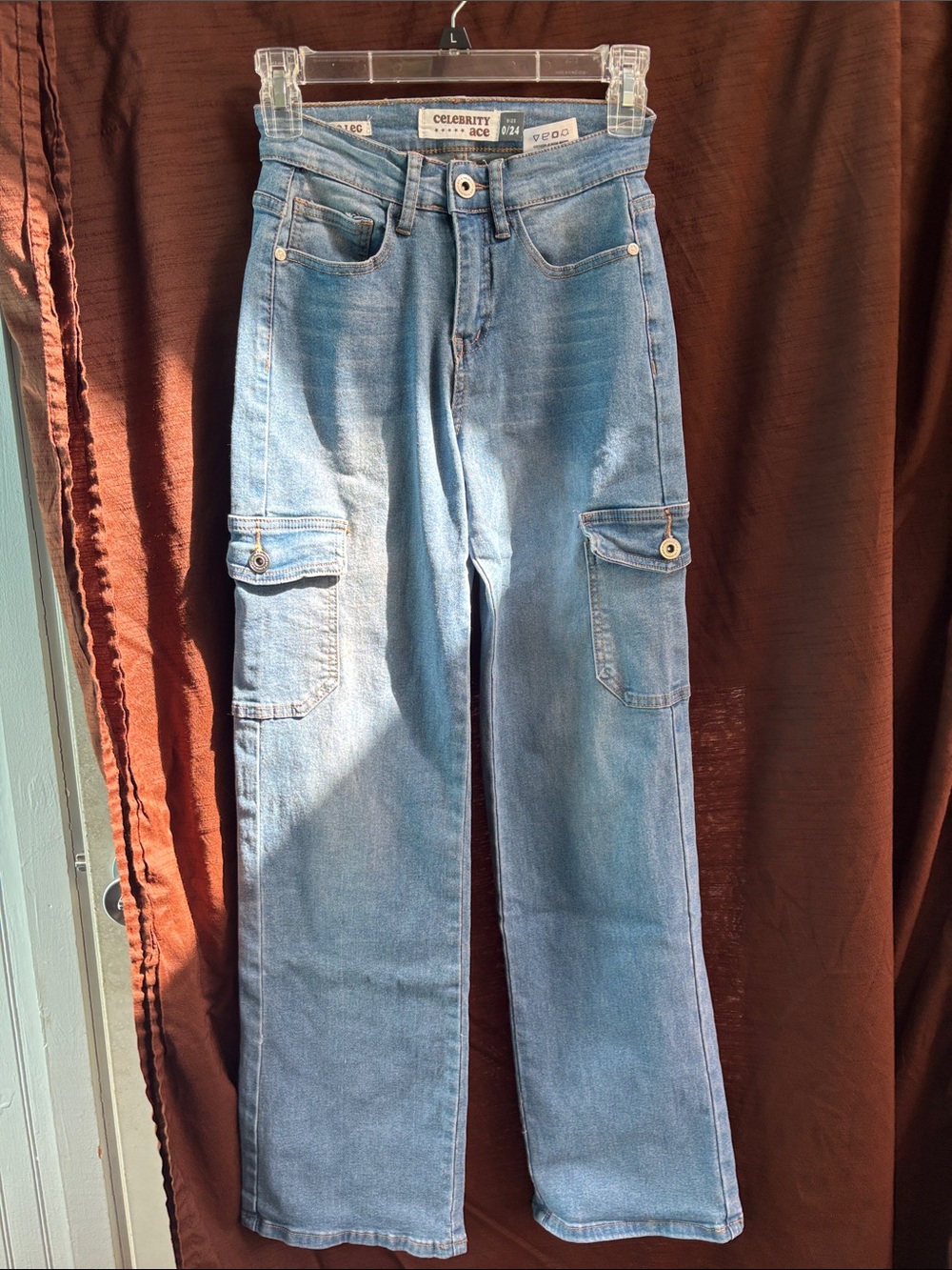 Celebrity Ace Light Blue Wide Leg Cargo Jeans for Women